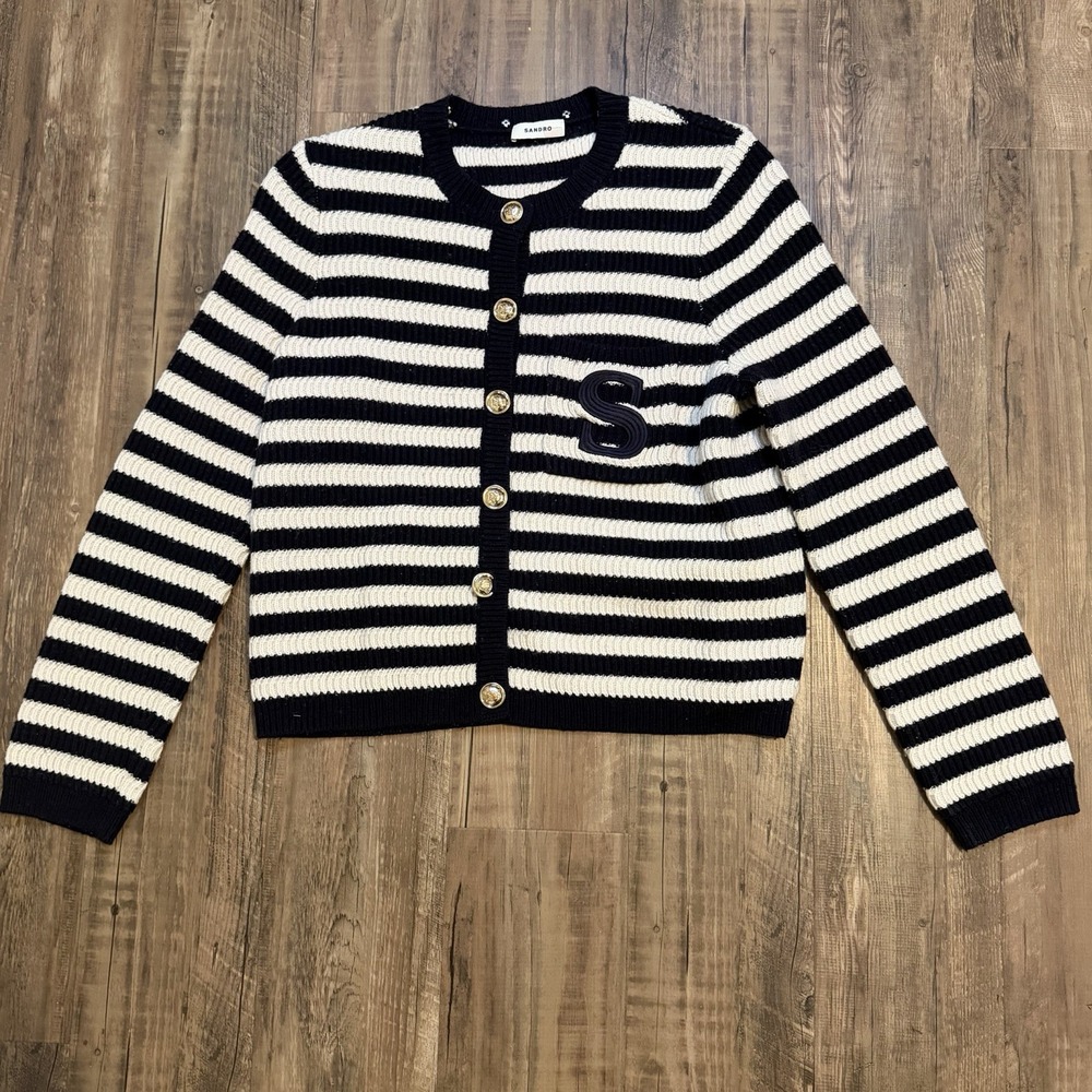 Sandro Paris Striped Breton Cardigan Sweater Jacket Black Ivory SZ 3/M Classic - Picture 4 of 14